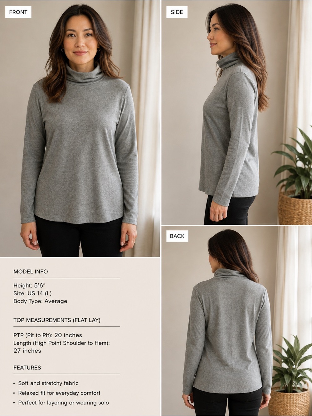 Women's Grey Turtleneck Sweater - Everyday Cozy Layer
